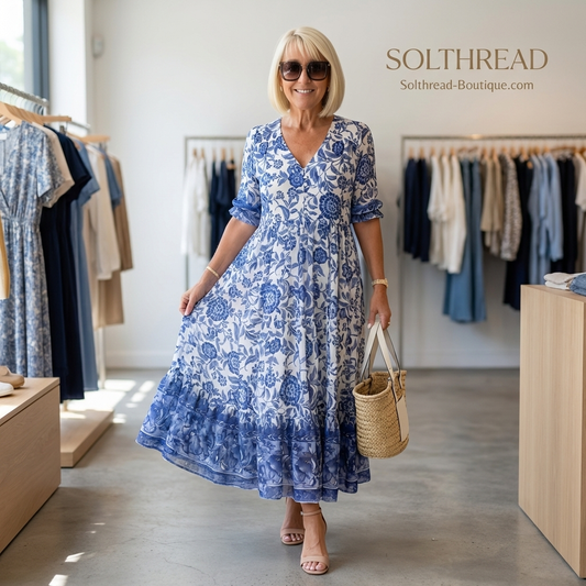 Santorini | Classic Blue & White Floral Midi Dress